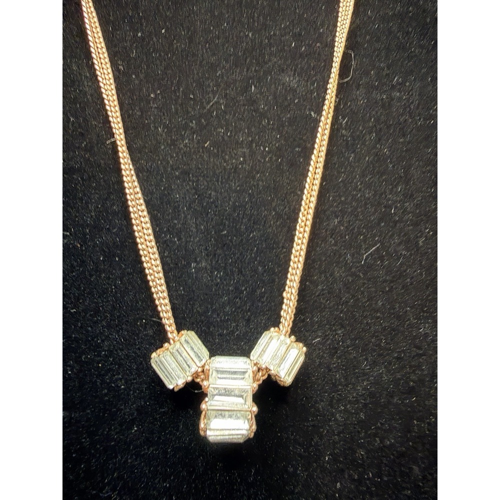 Betsey Johnson Clear Crystal Rose Gold Tone Baguette Pendant Necklace Signed - Picture 7 of 7